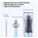 Kit Escova Higiene Lavar 4 em 1 para Copo, Garrafa, Mamadeira Portátil Viagem de Silicone e Suporte