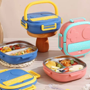 Marmita Infantil 17x17x6cm Térmica Vedável Lancheira Inox Com Garfinho 3 Compartimentos Com Alça